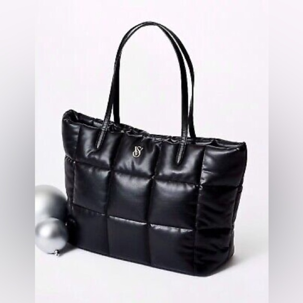 Victoria’s Secret VS black leather quilted puff tote - puffy shoulder weekender